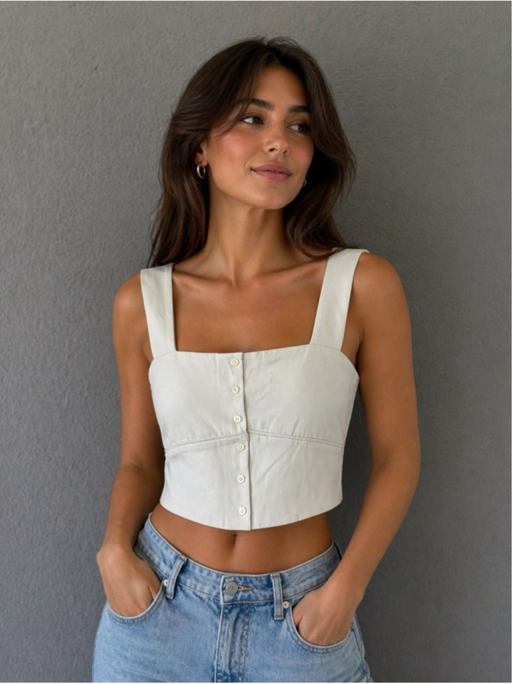 The Kooples Ice Blue Silver Satin Crop Top Wide Strap Button Front size M/L